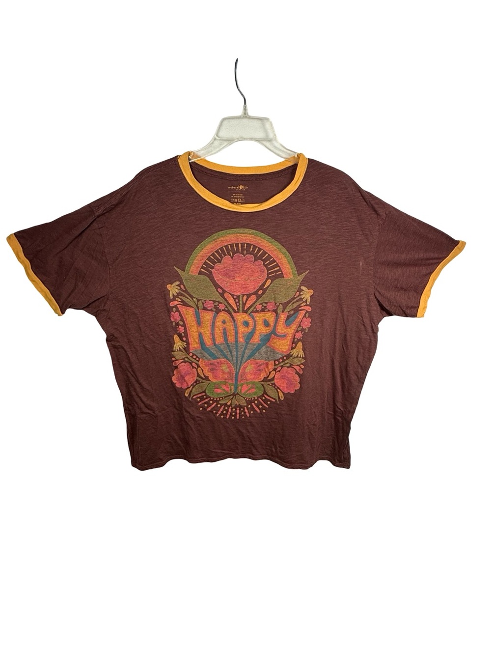 Natural Life Happy Floral Ringer T Shirt Women L Brown Boho Hippie Retro